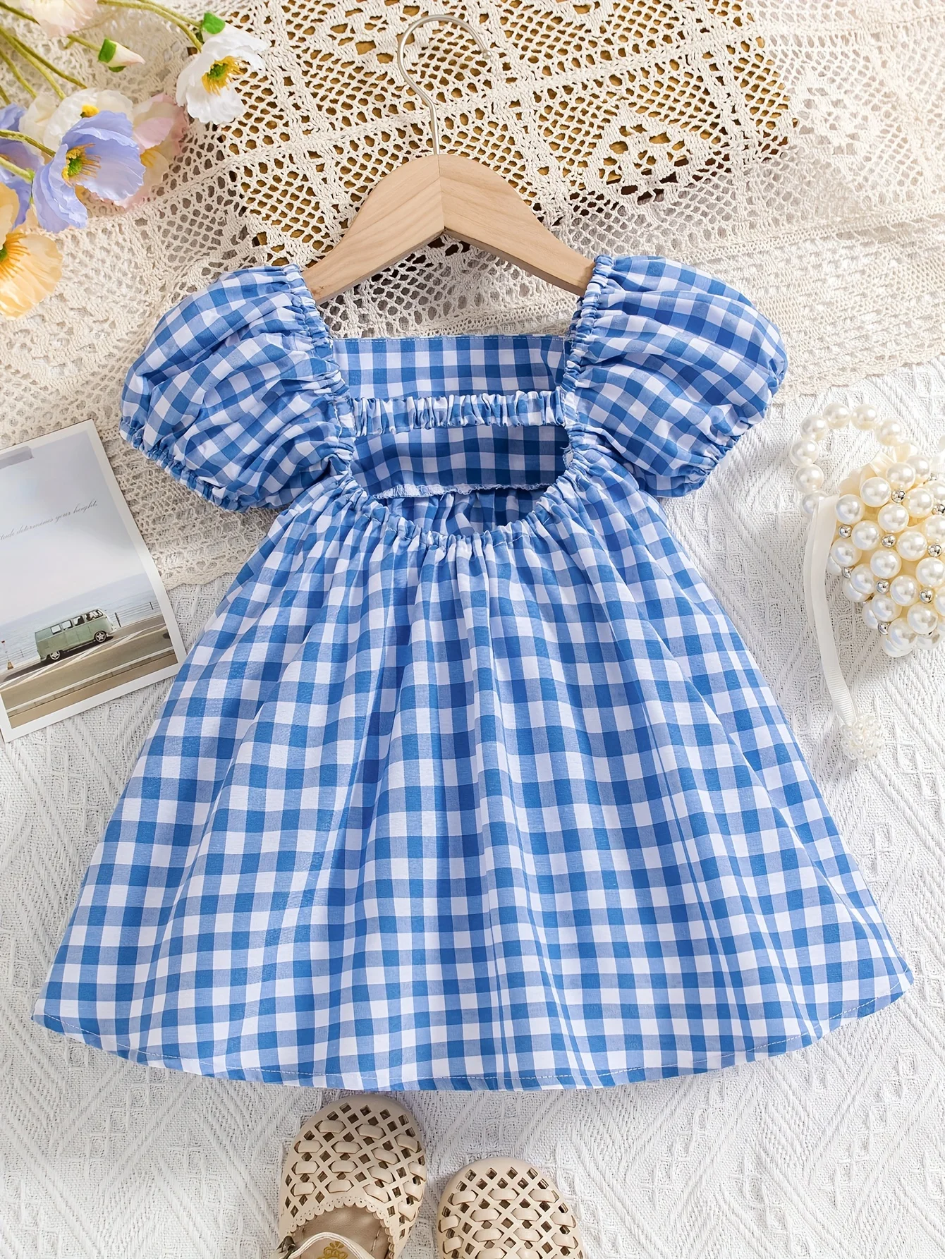 Baby Girl Blue Plaid Dress With Bubble Sleeve Princess Dress For Spring/Summer Outdoor Party