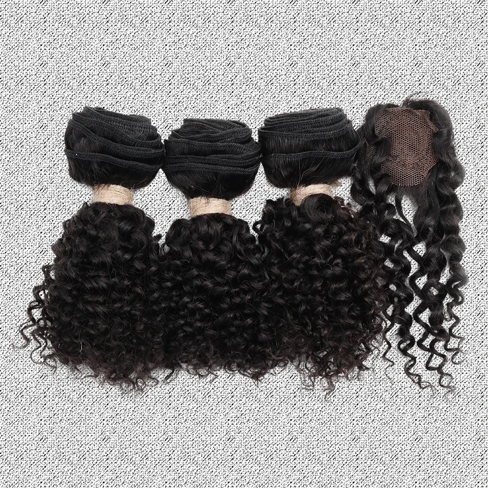 Rambut Keriting Kinky Bundel Rambut Asli Brasil Tanpa Proses Kimia Dengan Closure Warna Alami Ekstensi Rambut Manusia