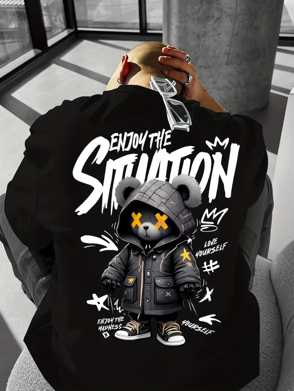 European and American men's summer cool teddy bear letter print micro elastic breathable round neck T-shirt outdoor street top