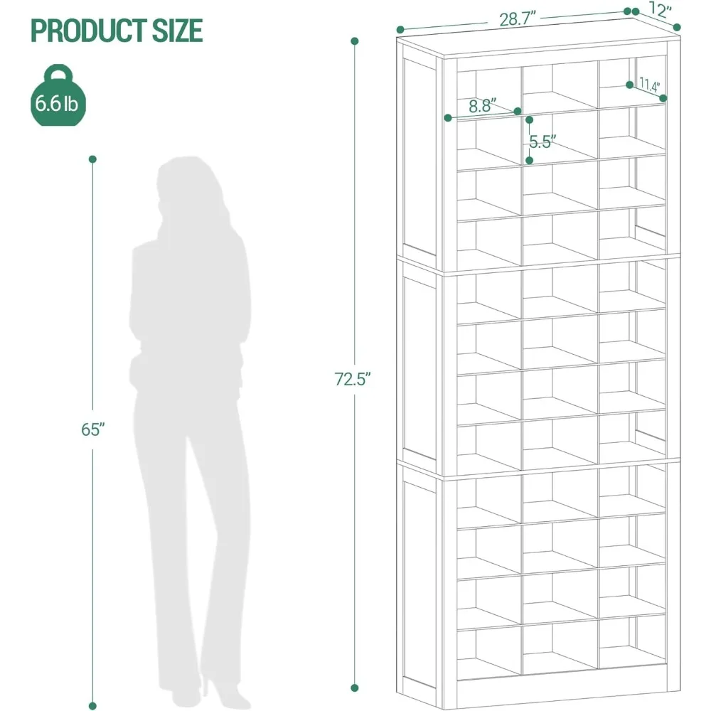 Shoe Storage Cabinet, 36 Pairs Free Standing Closet Organizer, 8.8 inch Widened Cell Wood Shoe Organizer, 12 Tiers Vertical Spac