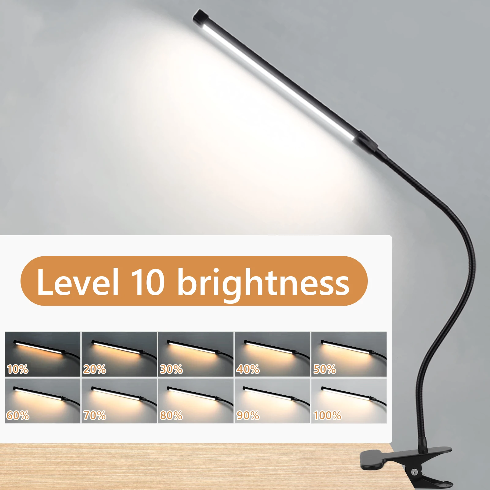 B LED Desk Lamp com braçadeira, Eye-Caring Clip sobre luzes para Home Office, 3 modos, 10 brilho, gooseneck longo flexível, metal