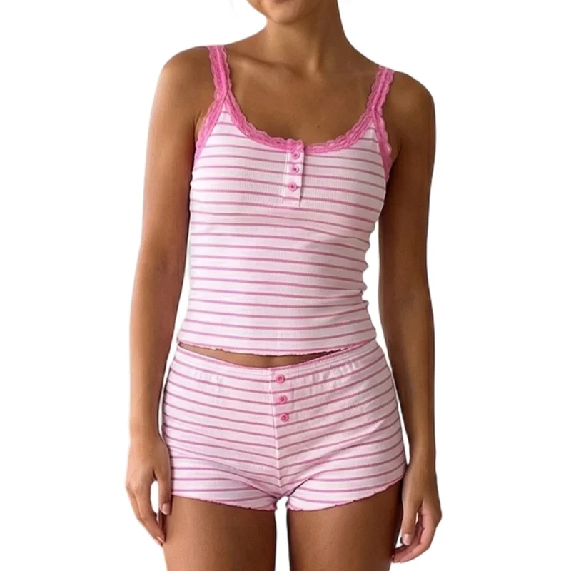 

Women Y2k 2 Piece Lace Shorts Set Sleeveless V Neck Cami Top with Shorts Pajamas Sets Sleepwear