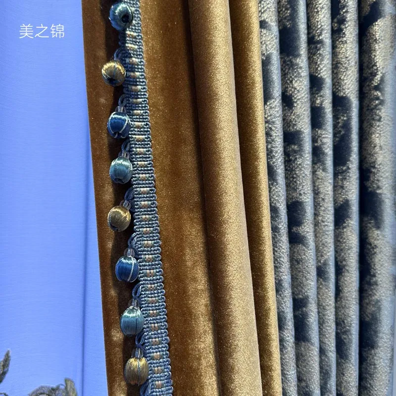 Custom Gorgeous high-grade European velvet bronzing living room blue cloth blackout curtain tulle valance drape C2063