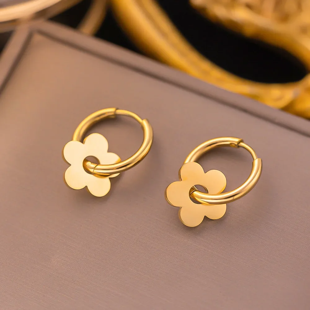

Gold Color 316L Stainless Steel Flower Pendant Earrings For Women Girl Trendy Fashion Charm Ear Buckle Wedding Jewelry Gift