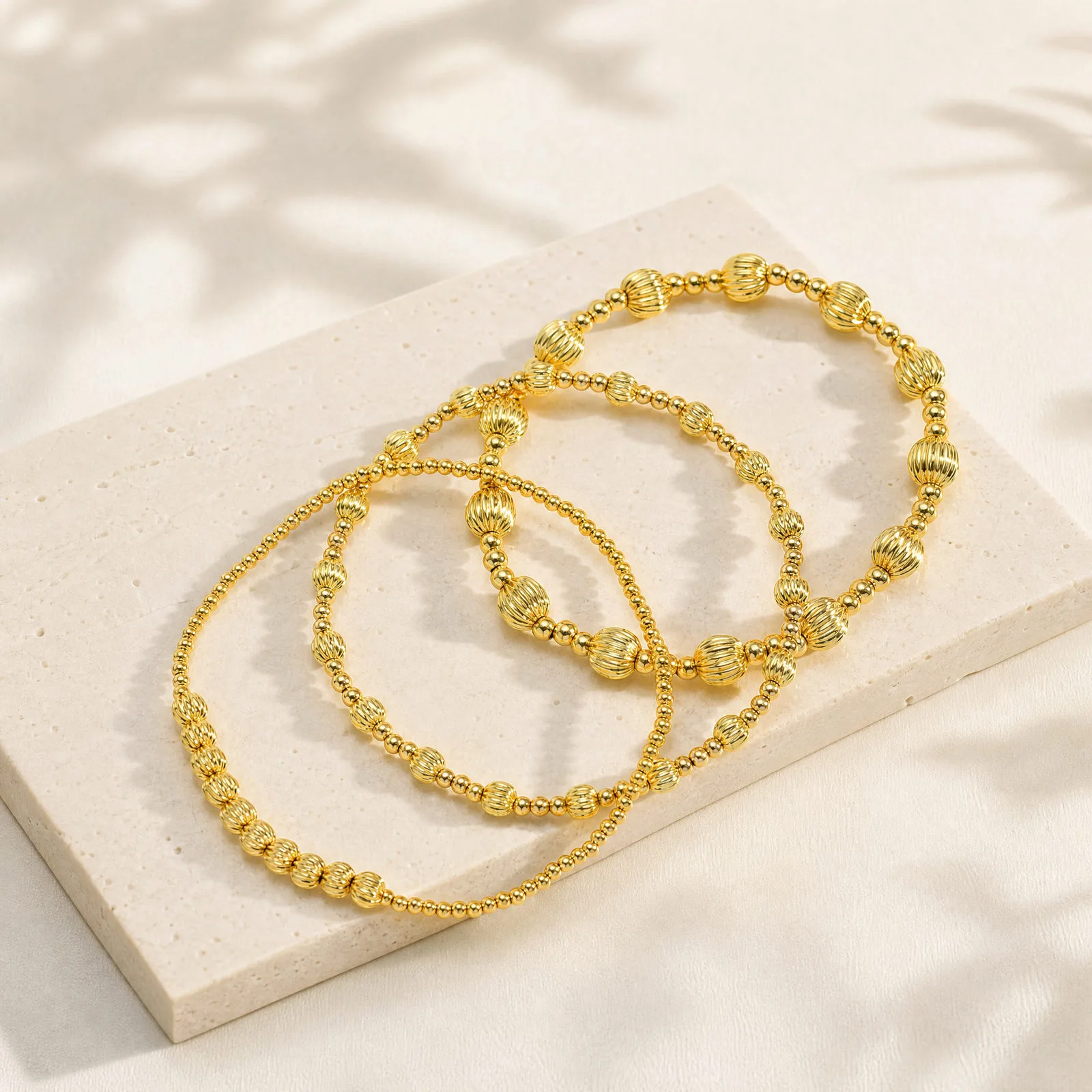 Gold Beaded Bracelet for Women, Copper Round Bead Stretch Style, Stackable Everyday Jewelry