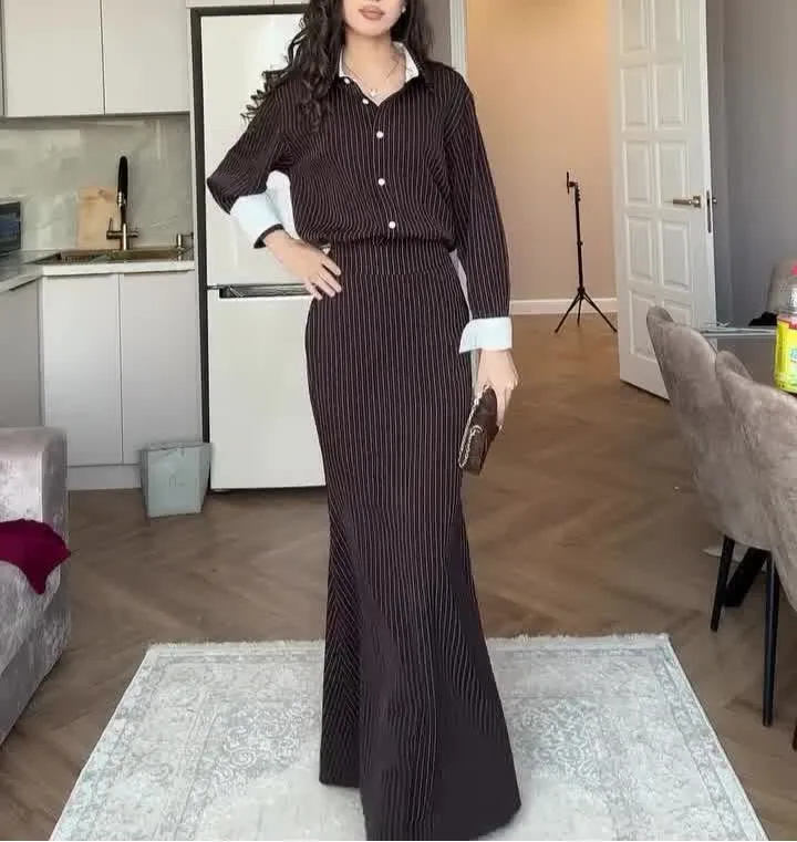 Women's Suits New In Matching Sets 2025 Women's Single-breasted Long-sleeved Shirt Hip-covering Striped Commuter Long Skirt Suit