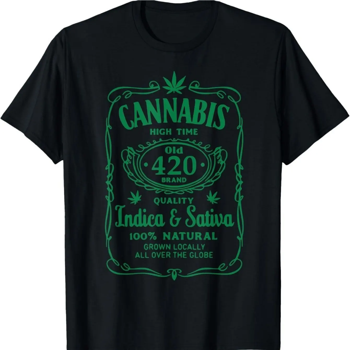 Herren High Time 420 Cannabis Design T-Shirt Schwarzes Baumwoll-Rundhals-Shirt mit Blatt- und Sternmotiven Indica Sativa Text – Detail 5