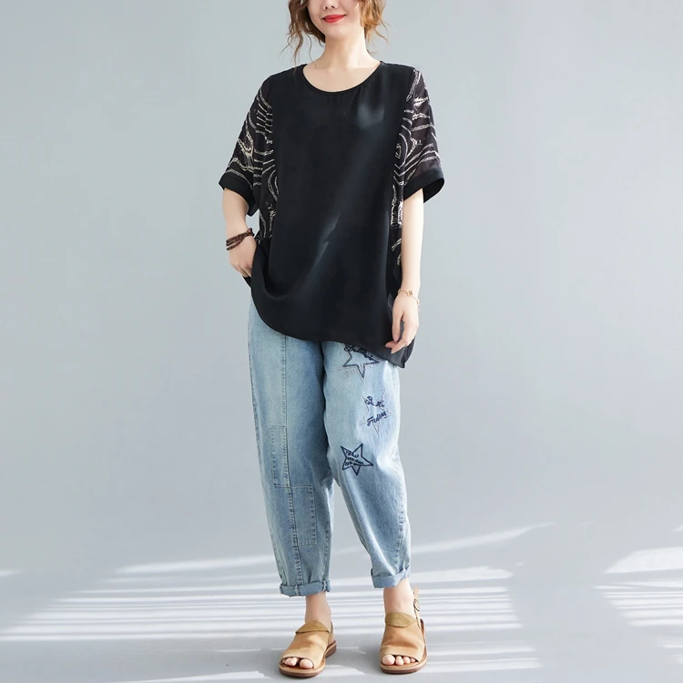 

Женская футболка ort Sve больших размеров, свободный крой, летний повседневный лоскутный топ для похудения, круглый топ из смеси хлопка Ne