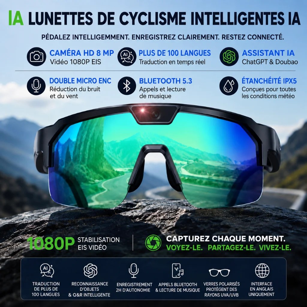 Lunettes Intelligentes 2026 Améliorées avec Caméra Photo et Vidéo 8MP, Assistant IA, Reconnaissance, Traduction, EIS, Audio Bluetooth, Lunettes de Soleil pour Hommes