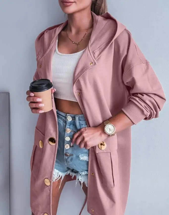 Jackets Women Snap Buttons Front Pocket Design Hollow-Out Drawstring Back Hooded Jacket Casual Drop Shoulder Mid-Length Coat