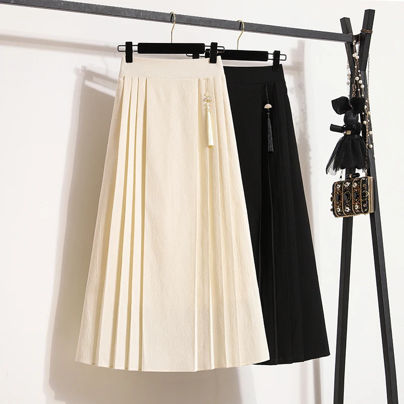 QOERLIN M-4XL Pleated Elastic Solid Black Long Skirts Fashioin Apricot A-Line Skirt Women Zipper High Waist Casual Elegant Saias