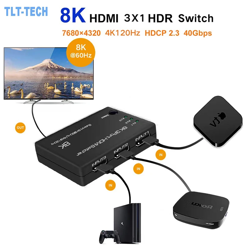 Switch HDMI a 3 porte 8K 3 In 1 Out 4K @ 120Hz 8K @ 60Hz Switcher HDMI 3x1 Splitter HDR UHD VRR per PS5 XBOX Series X 8K TV