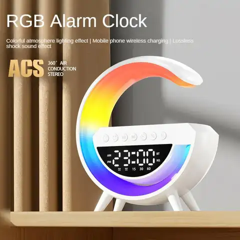 RGB 라이트 블루투스 스피커 및 무선 충전 테이블 시계가있는 디지털 LED 알람 시계 침실 전자 알람 시계