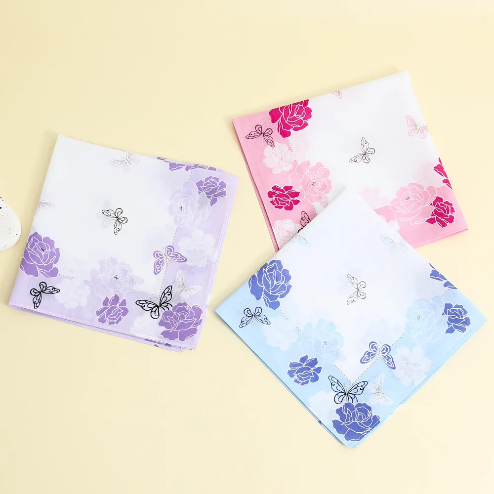 

3Pcs Combed Pure Cotton Color Printed Women's Handkerchief Japanese Small Fresh Sweat Wipe 43*43cm