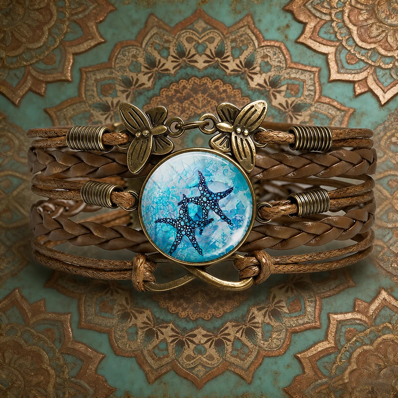 Beach Style Women Bracelet Brown Leather Braided Cuff Sea Turtle Dolphin Starfish Glass Charm Jewelry Gift