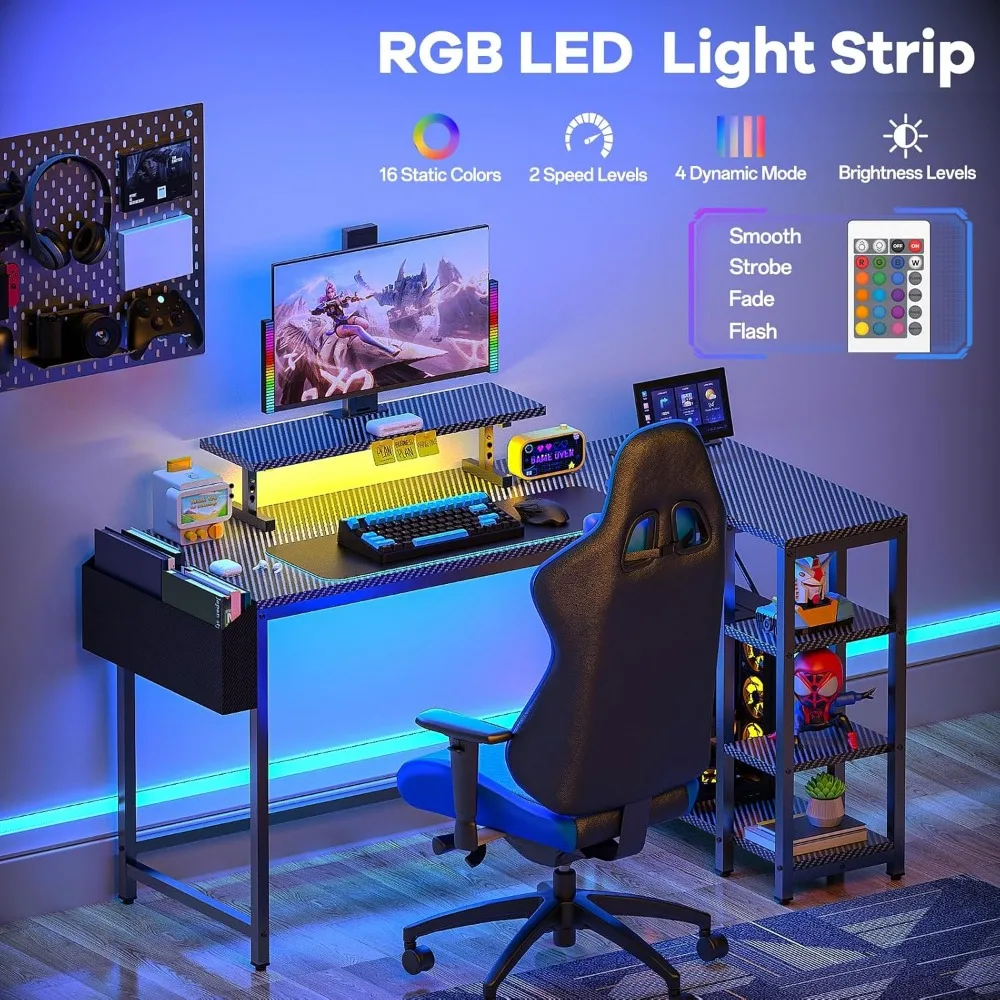 LED-Illuminated L-Shaped Gaming Desk with Adjustable Monitor Stand, Power Outlet, and Storage for 40-inch Reversible Computer De