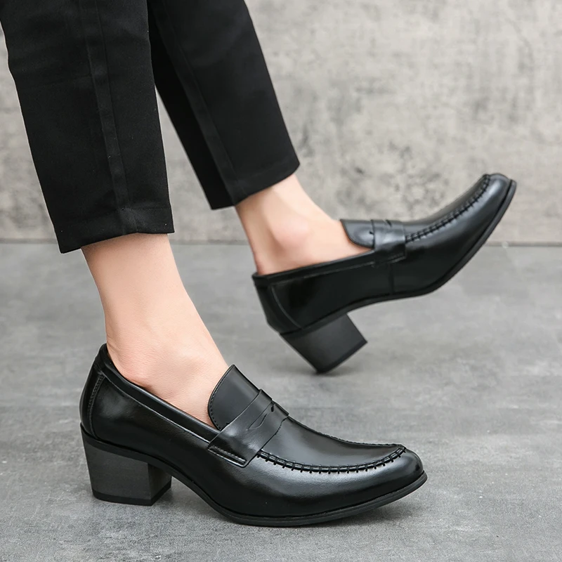 Men Penny Loafers With Heel 6CM Leather Shoes Business Elegant Wedding Party Casual Dress Shoes Brown Black Lift Shoes for Men