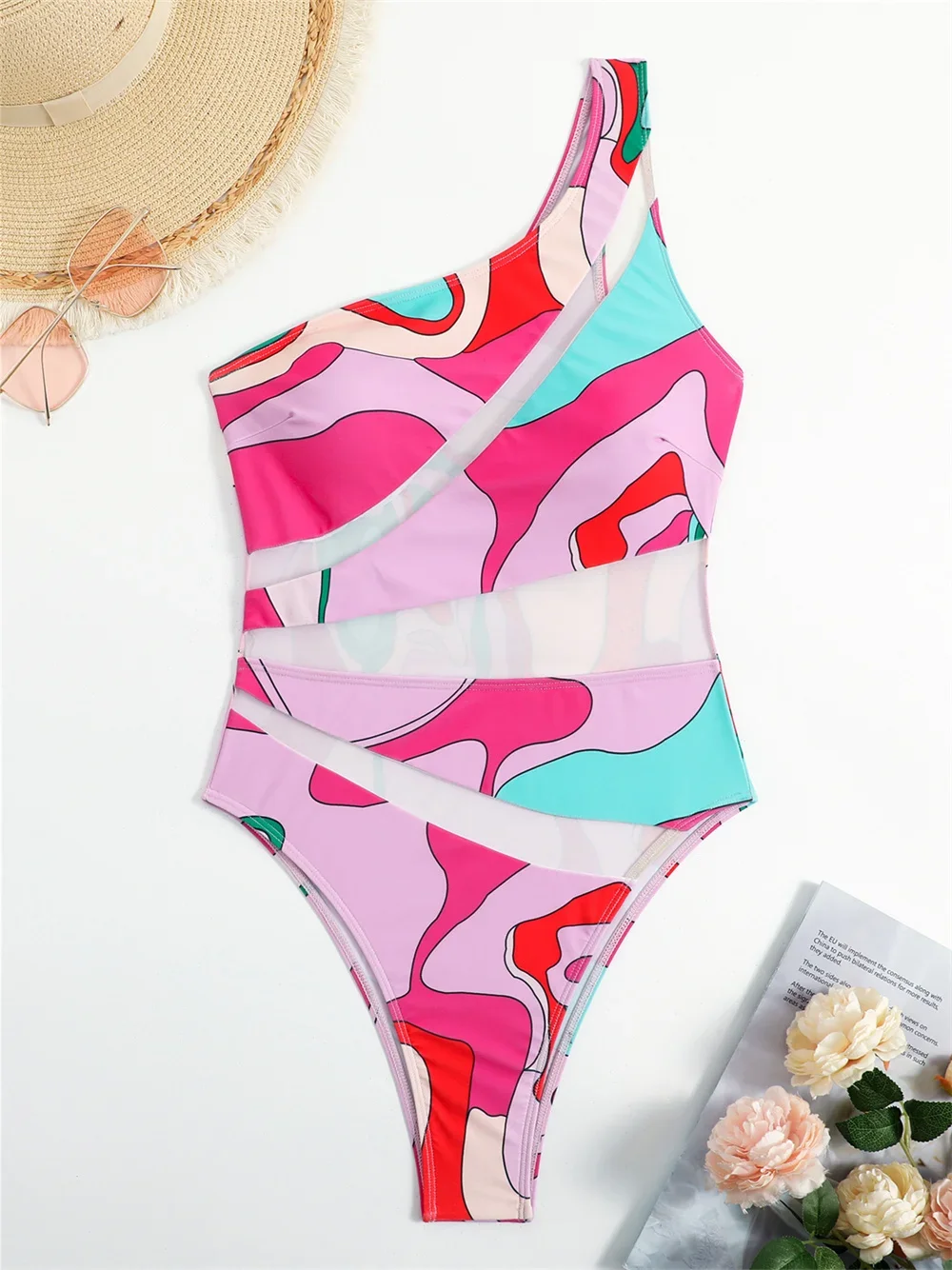 

Sexy Print Bikini Transparent Mesh Splicing Swimsuit One-shoulder Swimwear Women Beach Wear Y2K Bathing Suit Bikinis Set Biquini