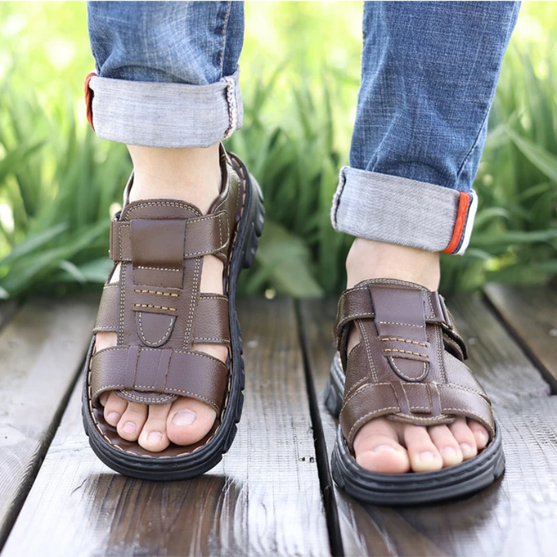 Sandals Men New Beach Shoes Cowhide Slippers Outdoor  Non-slip Thick-soled Leather Sandals Fashion Slippers Roman Sandals for Me