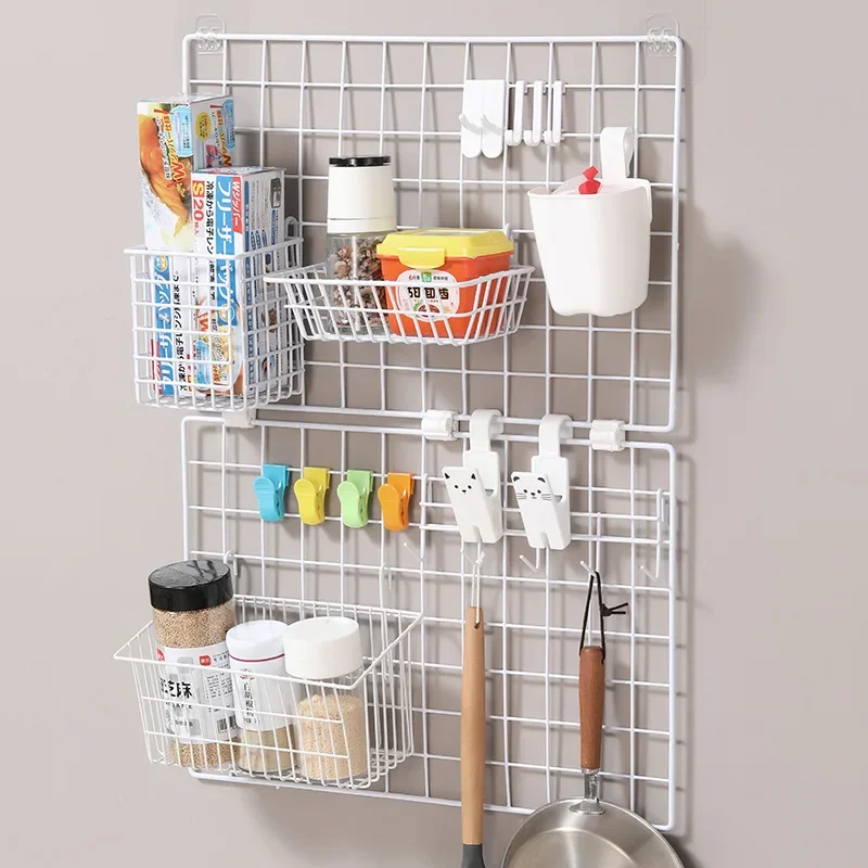 Single Tier Grid Panel Storage Rack Hook Type Diy Photo Wall Iron Wire Plaid White Shelf For Kindergarten Artworks Display