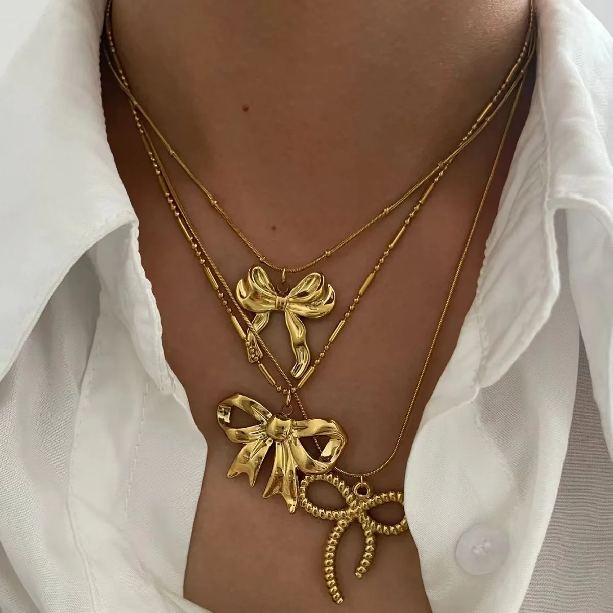 Bow Necklace for Women Cute Butterlfy Heart Pendant Gold Color Stainless Steel Long Chain Collars Neck Cadenas Para Hombre en