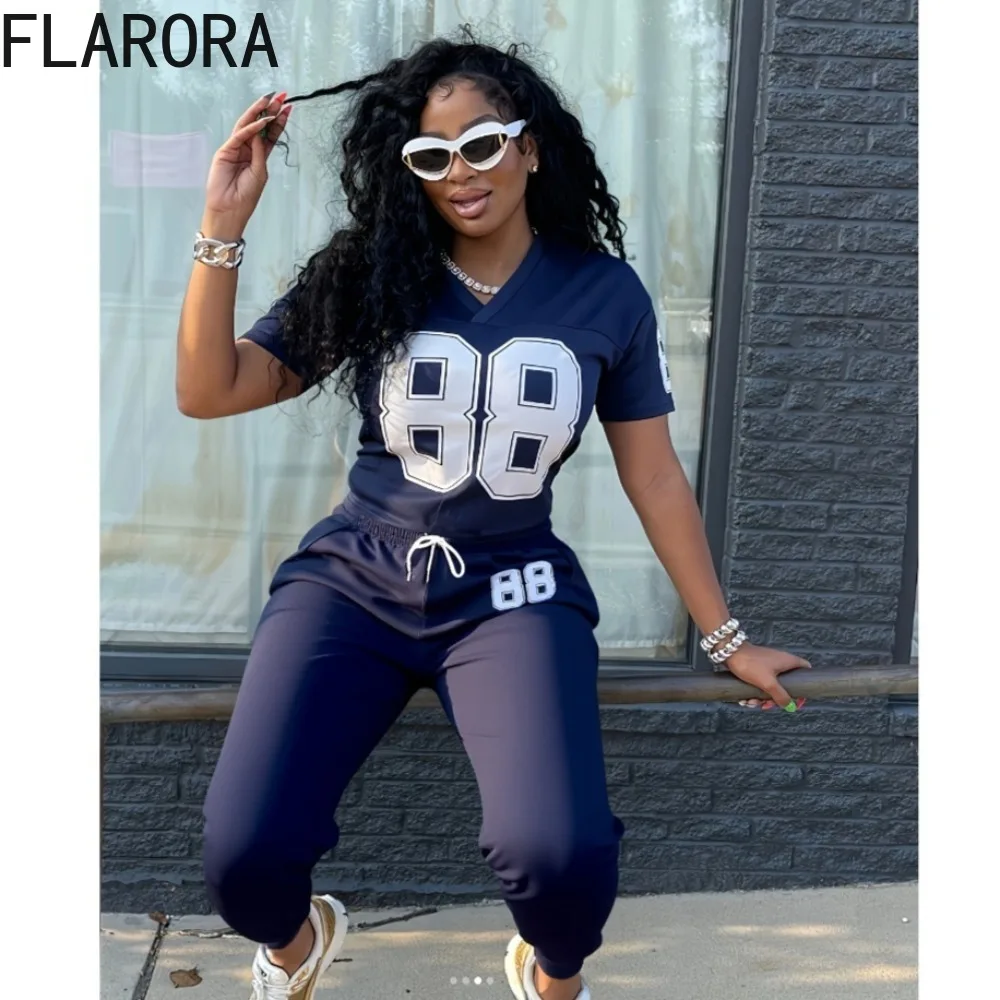 

FLARORA Fashion Letter Print 2 Pcs Set Woman V Neck Short Sleeve Crop Tops And Drawstring Pants Outfits Autumn Street Tracksuits
