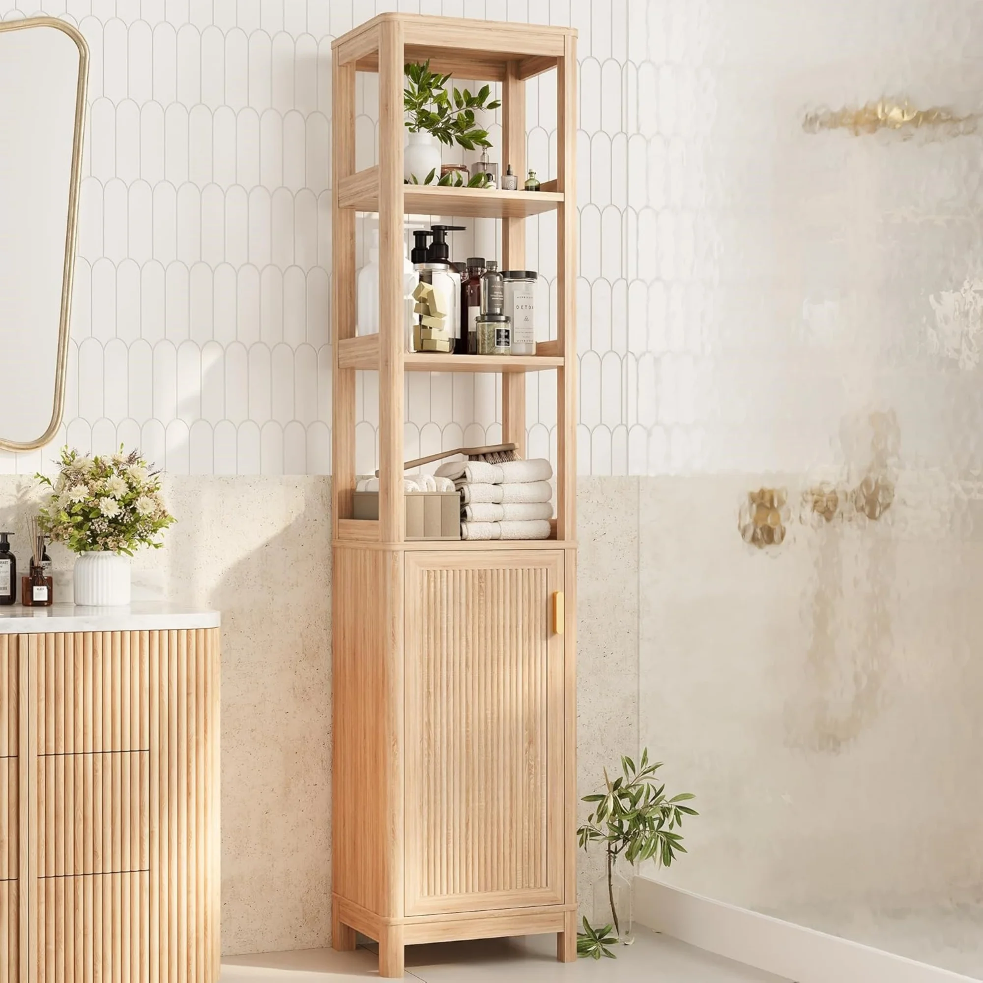 

68'' Tall Narrow Storage Cabinet with Adjustable Shelf and Door, Bathroom Storage Cabinet, Space Saver for Bathroom, Kitchen, Living Room, Natural Oak