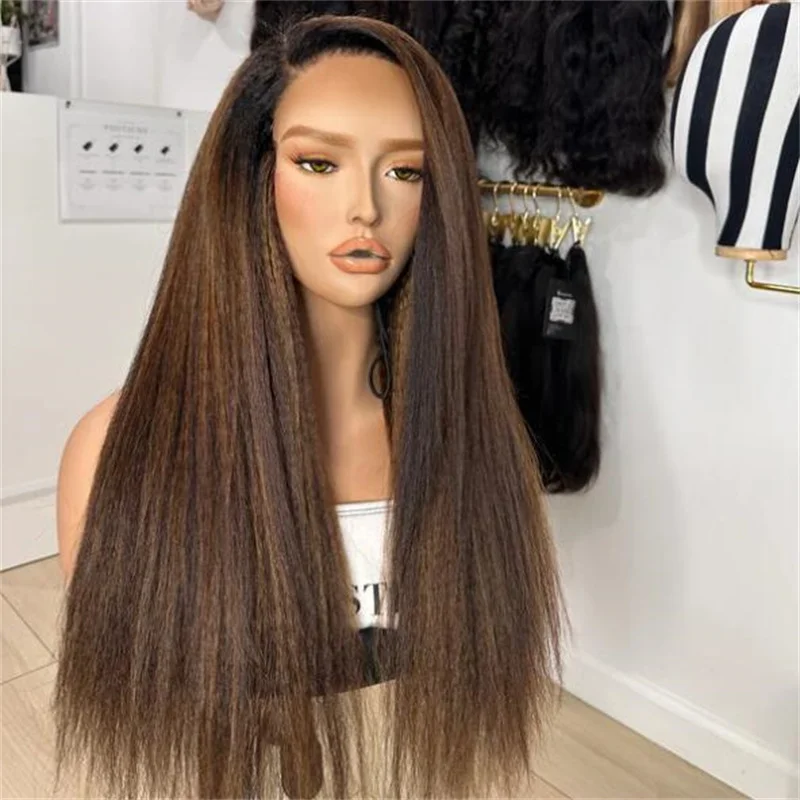 Soft 180Density 26Inch Highlight Blond Long Yaki Straight Lace Front Wig For Women With Baby Hair Preplucked Daily Glueless