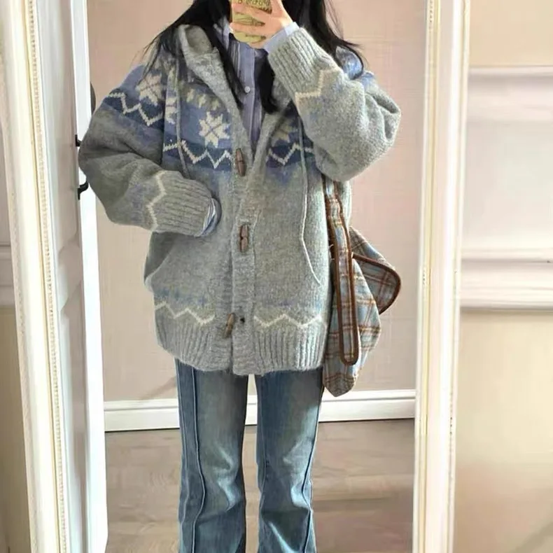 

Cardigans Hooded Jumpers Women Knitted Sweaters Buttons Print Casual Striped Long Sleeves Loose Fit Slight Strech 2025 Winter