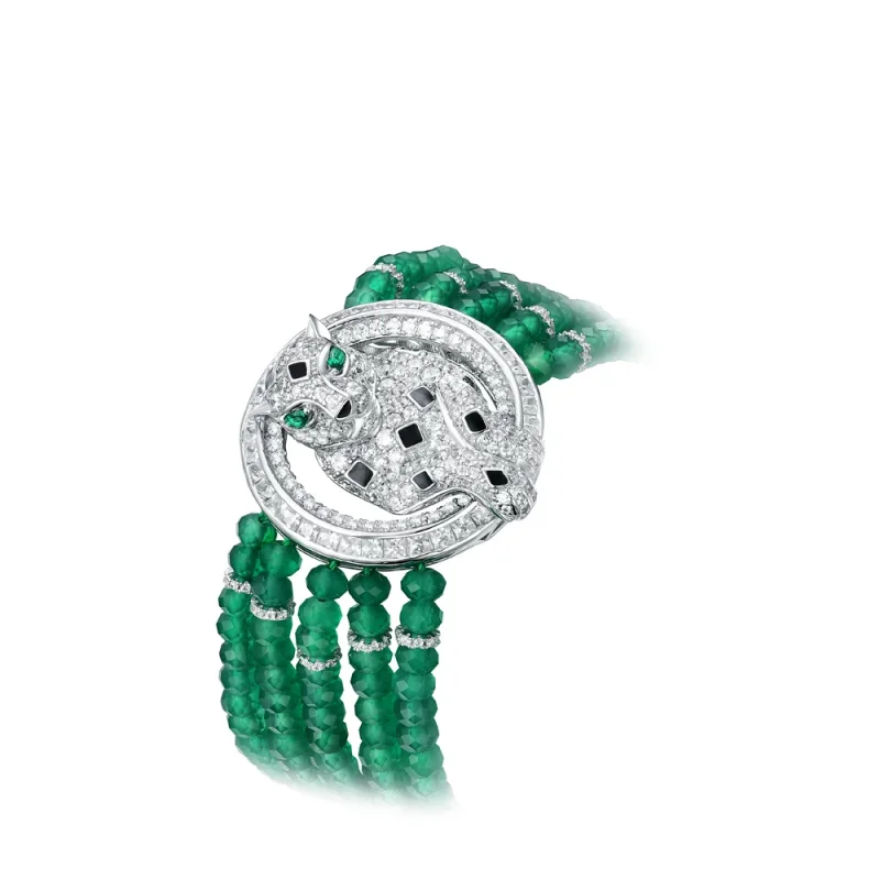 Bellux 925 Silver Synthetic Gemstone Green Beads Emerald Multi Layer Leopard Bracelet Vintage Luxury Fine Jewelry  Bracelet