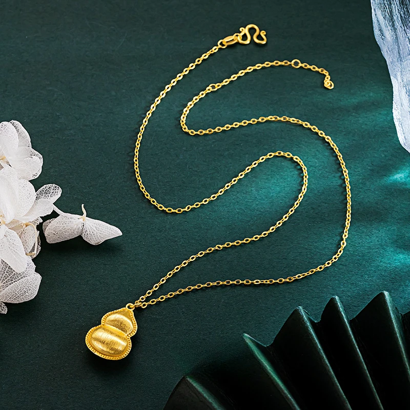 Fine K18 Gold Colol Brushed Gourd Chain Pendant for Women O Chain Clavicle Necklace Birthday Valentine's Day Gifts