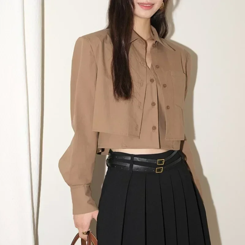 

TPJB новая модная белая рубашка женский дизайн Sense Minority короткая корейская рубашка для поездок на работу повседневная рубашка с длинными рукавами искусственный топ из двух предметов