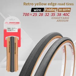 Retro yellow edged steel wire version bicycle outer tire 700 * 25 28 32 35 38 40C road folding bicycle tire