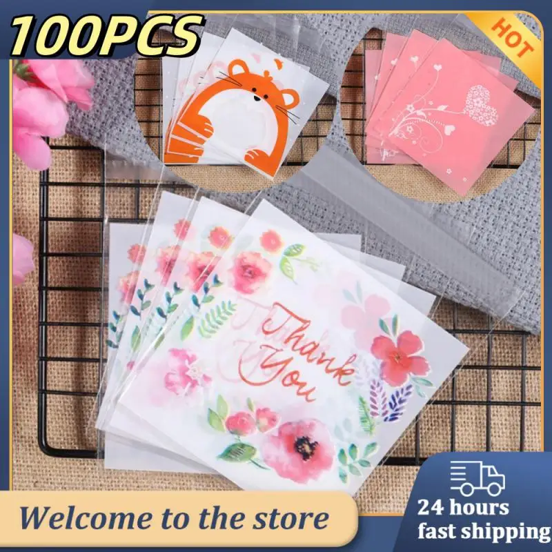 100pcs Colourful Flowers THANK YOU Self-adhesive Bag Plastic Pouches for DIY Jewelry Display Cookies Storage Gifts Bag Wholesale