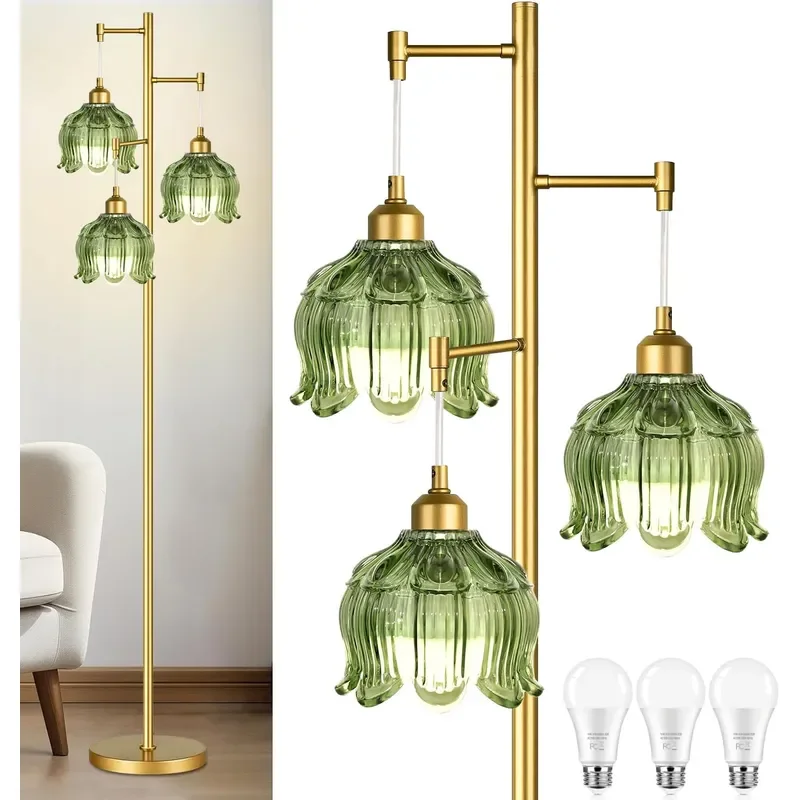 Vintage Floor Lamps for Living Room Bedroom 3 Light Glass Floor Lamp with Three Led Bulb Modern Mid Century Standing Lamp