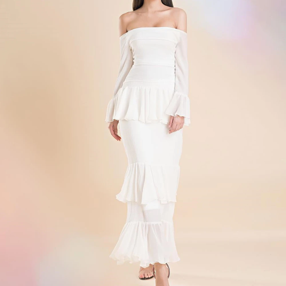 

Customized Elegant Chiffon White Off the Shoulder Evening Dress Modern Boat Neck Straight Long Sleeves Special Occasion Gowns