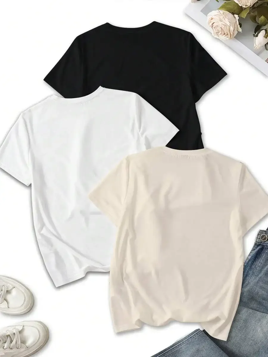2026 Women 3-Pack Summer Casual T-Shirt Set, Minimalist Cursive Letter Graphic Print Tees, Clean Girl Aesthetic, Crew Neck Loose Fit Short Sleeve Basic Tops For Daily Outfit