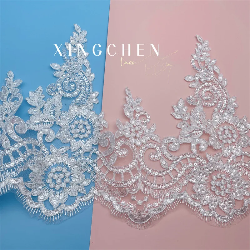 1 Yard 27cm wide Ivory Sequin Cording Fabric Flower Venise Venice Mesh Lace Trim Applique Sewing Craft for Wedding Dec.