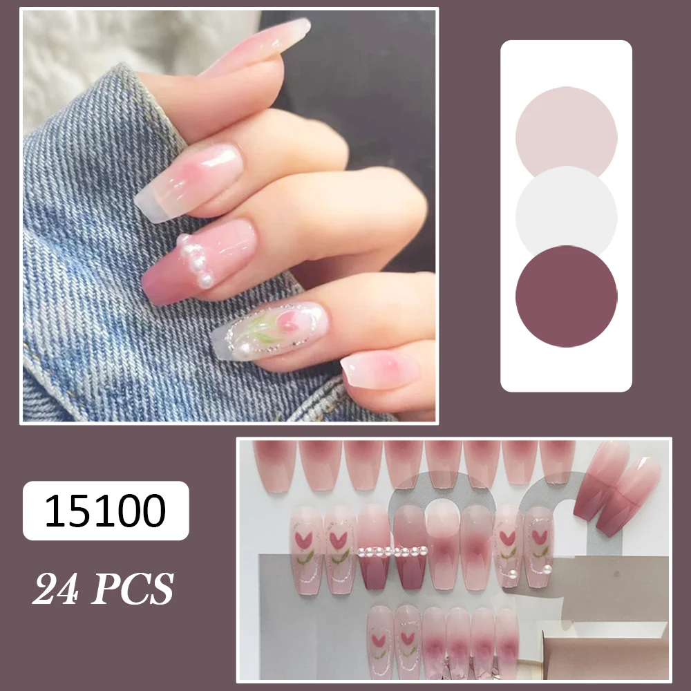 Tulips Print False Nails Reusable Gradient Full Cover Press Nails For Women