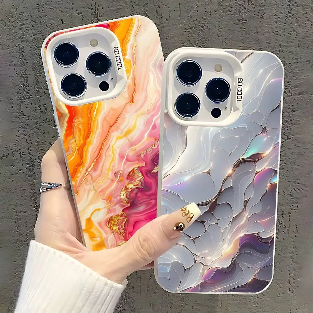 

Fashion Geometric Marble Phone Case For iPhone 17,16,15,14,13,12,11,Pro,XS,Max,Plus,Mini,SE White Candy Matte Shockproof Cover