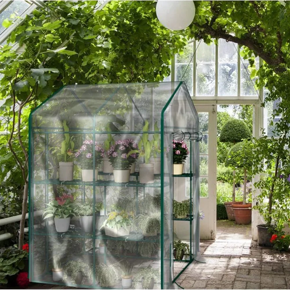 

Greenhouse - Walk in Greenhouse with Sturdy Shelves and PVC Cover for Indoor or Outdoor Use - Green House