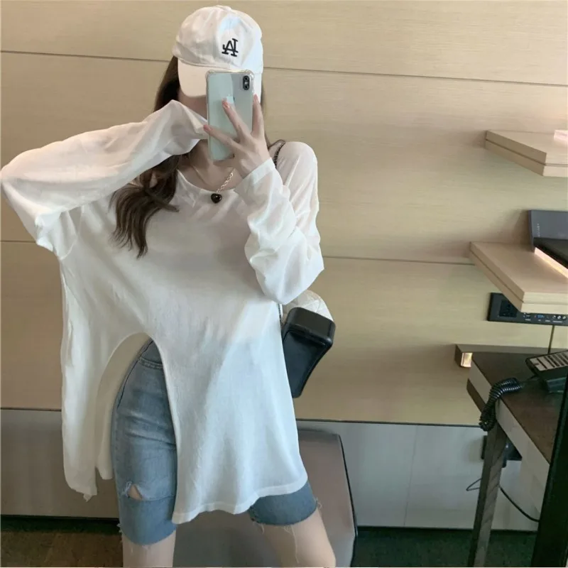 2024 Summer New Korean Minimalist Commuter Women\'s Loose Thin Solid Color Crew Neck Backless Asymmetric Long Sleeve T-shirt Tops