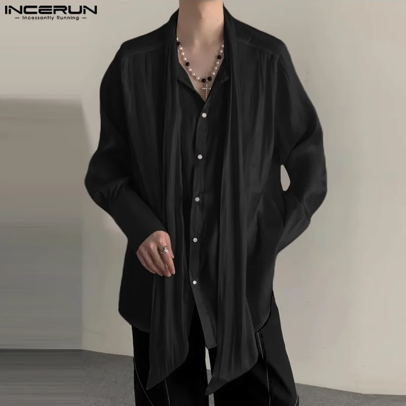 2024 Men Shirt Solid Color Shiny Lace Up Long Sleeve Button Korean Men Clothing Streetwear Loose Fashion Casual Shirts INCERUN