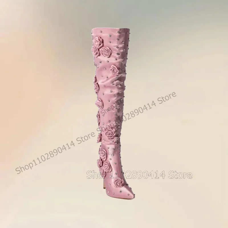 

Pink Appliques Crystal Decor Pointed Toe Boots Side Zipper Women Shoes Thin High Heels Fashion Banquet 2025 Zapatos Para Mujere