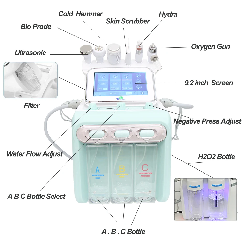 H2-O2 6 in1 Hydro Dermabrasion Skin Lifting Spa Facial Oxygen Aquapeel Machine Bio-lifting Spa Ultrasonic Scrubber Equipment