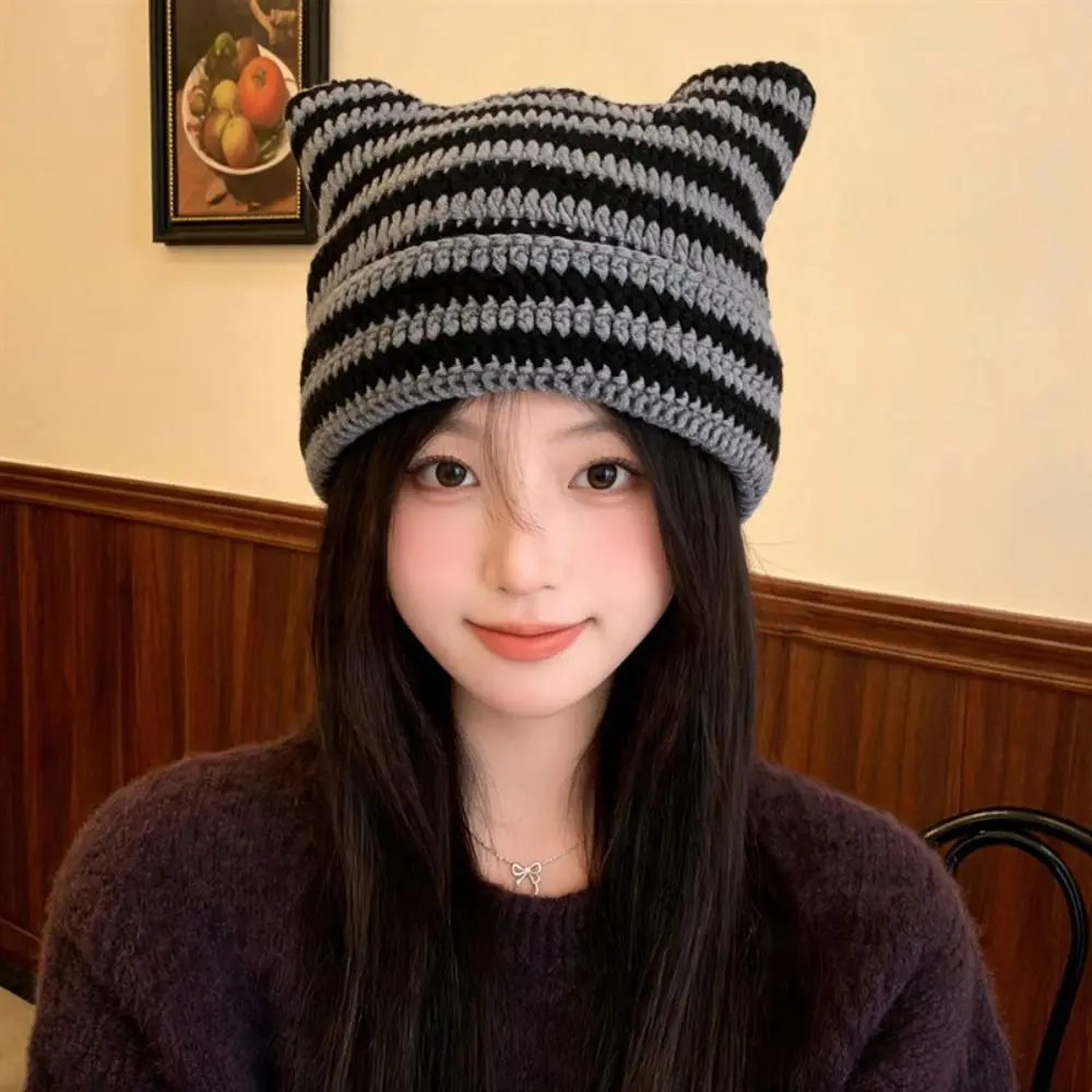 Fashion Y2K Cat Ears Beanie Hats Warm Harajuku Stripe Knitted Hat Cute Crochet Pullover Hat Winter Autumn