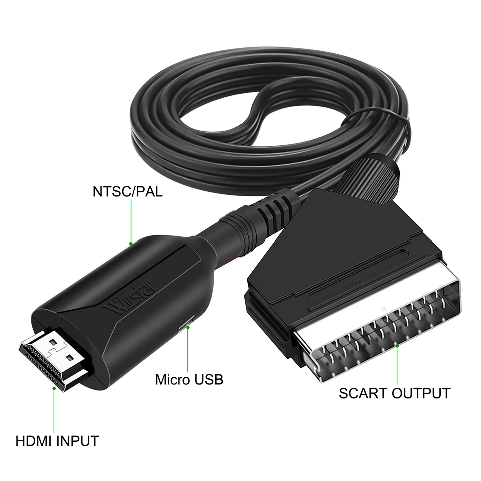 Adapter HDMI do SCART Audio wideo konwerter kabel 1m wsparcie PAL/NTSC dla HDTV DVD Box konwerter sygnału SCART z kablem zasilającym