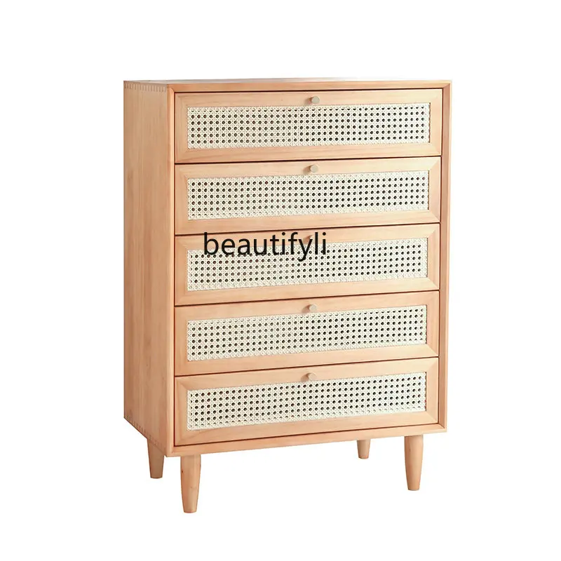 

Solid Wood Chest of Drawers Small Apartment Rattan Entrance Cabinet Japanese Style Bed & Breakfast Style Locker Storage Cabinet