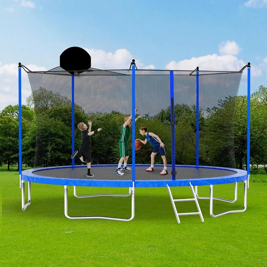 

16ft 14ft 12ft Outdoor Round Trampoline for and Adults Large Heavy Duty Design with Builtin Basketball Hoop and Safety Enclosur
