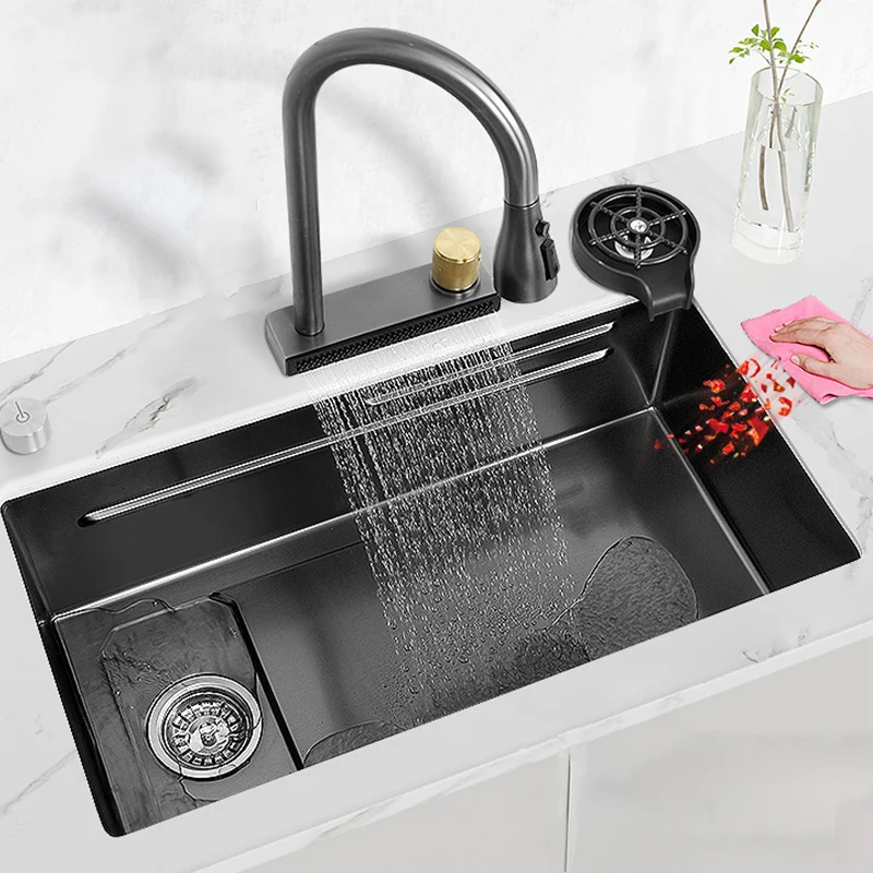 

304 Stainless Steel Waterfall Sink Undermount Kitchen Sink Single Bowl With Waterfall Faucet For Kitchen Renovation